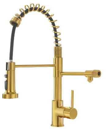 TIMACO 3 Wege Wasserhahn Küche Mit Ausziehbare Brause,3 wege Küchenarmatur-360° Drehbar,mit 3 in 1 Wasserhahn für Wasserfilter,Spiralfederarmatur Trinkwasserhahn mit Doppelhebel,Gebürstetes Gold