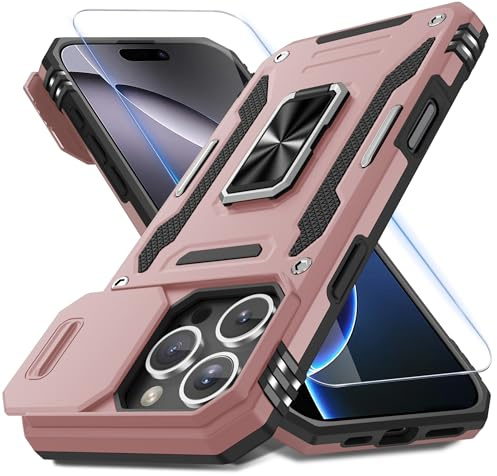 DEERLAMN Case for iPhone 16 Pro Max with Slide Camera Cover+Screen Protector (1 Pack), Rotated Ring Kickstand Military Grade Shockproof Protective Cover-Rose Gold