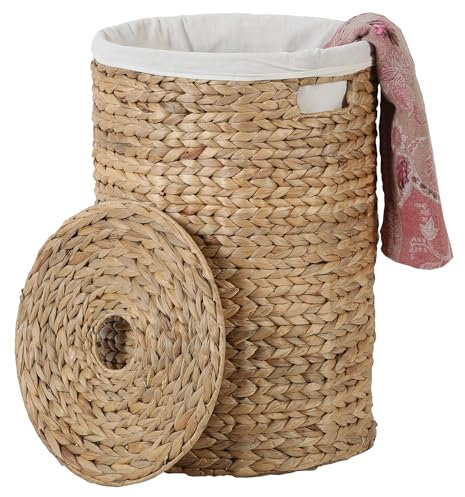 Panier à linge rond avec couvercle - 40 l - Panier de rangement pour salle de bain - 50 cm - Jacinthe d'eau - Jonc de mer - Nature, bohème chic, maison de campagne - Zenta S IN800