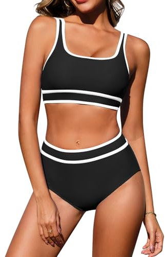 FemiChic Costume Piscina Donna Bikini Due Pezzi Mare Costumi da Bagno a Vita Alta Push Up Imbottito Top Curvy Eleganti Swimsuit Sportivo con Scollo a U Swimwear(Nero,L)