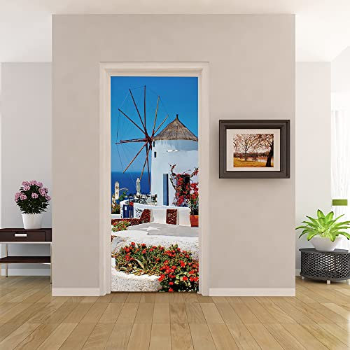 Trompe l'oeil Adesivi per Porte Carta Parati Porta Sticker Murale Poster Adesivi per Porte Interne Autoadesiva Impermeabile Fotomurali Wallpaper Decorazione da Parete 95x215 Isola di Santorini