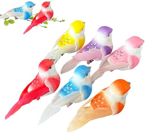 FOSDICK 6 Pcs Deko Vögel Mit Clip, Künstliche Vögel Deko, Bunt Deko Vogel, Vogel Deko Figuren, Mini Vogel Dekofigur für Garten Frühling Deko Party Dekoration (9 * 4 * 3,3cm)
