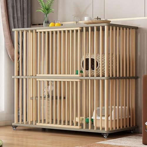 LXRHLIKG Quadratisches Katzenkäfig aus Holz, 2-stöckiger, Atmungsaktiver Katzengehege Outdoor mit Kratzbaum, Große Kleintierkäfig für Katzen, Frettchen, Chinchillas und Kaninchen auf Rädern(Gray)
