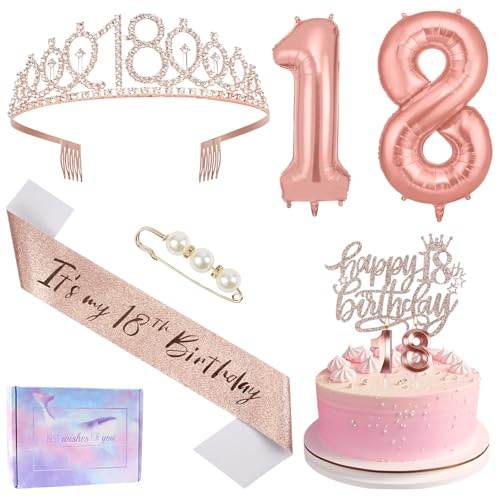 Ainiv 18° Compleanno Corona Oro Rosa Happy 18th Birthday | Cake Topper, Fascia e Tiara per il Compleanno, Candele e Palloncini con Numeri in Oro Rosa, Regali di Compleanno Decorazioni