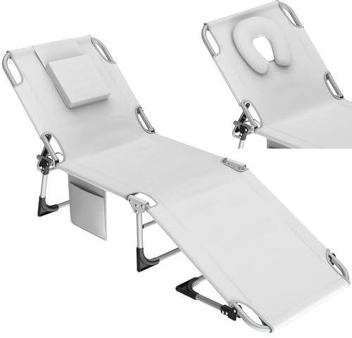 Kidsgigglz Sonnenliege mit Gesichtsöffnung, Gartenliege Klappbar mit abnehmbaren Kissen und 3-Fach Verstellbarer Rückenlehne, Leicht liegen, Strandliege Liegestuhl für Garten Pool Strand, Hellgrau