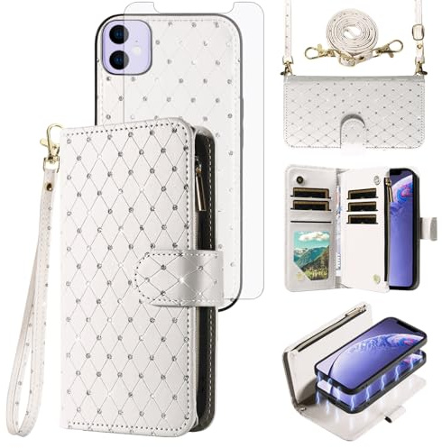 Asuwish Compatible with iPhone 11 6.1 Wallet Case Zipper Cell and Screen Protector Crossbody Strap Glitter Flip Card Holder Phone Cover for iphone11case iPhone11 i Phone11 11s XI 11R Women White