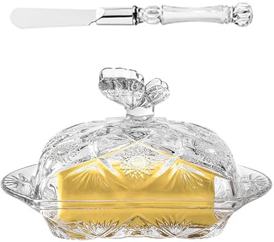 Butterdosen mit Deckel, Glas Butterschale mit Edelstahl Buttermesser, Reliefglas Schmetterlingsmuster Käsebox Butterglocke Butterbehälter Butterschatz Butterglas Butterspender für Frisches Butter Käse