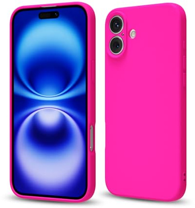 Svaove for iPhone 16 Phone Case Liquid Silicone, Thin Ultra Slim Minimalist Phone Cover, Girly Cute Plain Bright Solid Color Matte Soft Rubber Jelly Gel Plastic TPU Bumper, Neon Hot Pink