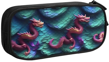 LONGZEHAO Federmäppchen mit großem Fassungsvermögen, 3D-Drachen-Schuppen-Muster, doppellagiger Reißverschluss, Federmäppchen, Make-up-Tasche