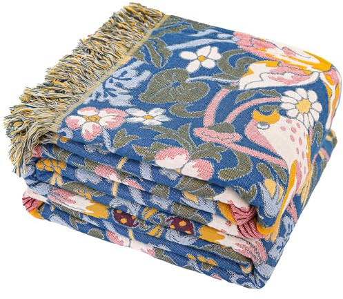 HOORDRY Boho Tagesdecke 100% Baumwolle Sofabezug 230x250CM | Doppelseitige Große Musselin Decke mit Quasten,Dekorative Weiche Decke,Geeignet als Bettüberwurf,Picknickdecke,Blau/Gelb