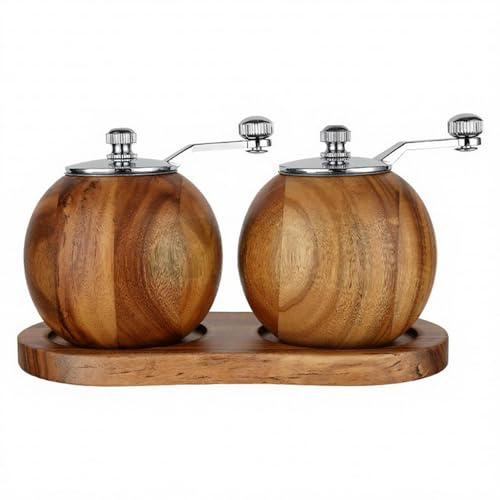 PAEFIU Salz Und Pfeffermühle, Handkurbel Holzpfeffermühle 2er Set mit Untersetzer, Kugel-Design Keramikkernmühle, Hochwertiges Akazienholz Chilli Mühle, Nachfüll Salzmühle, Kitchen Supplies Gadgets