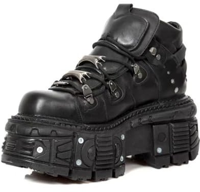 GHSIRUEU Damen Stiefeletten Plattform Stiefel Mode Gothic Punk-Stil Schnürstiefeletten Motorradstiefel mit Nieten,Schwarz,44 EU