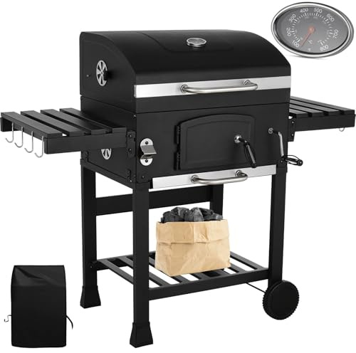 LIFERUN Barbecue Carbonella XXL con Coperchio, Copertura Impermeabile | Griglia per Barbecue con Ruote e Termometro, Altezza regolabile, Grande BBQ Smoke, per Campeggio, Giardino