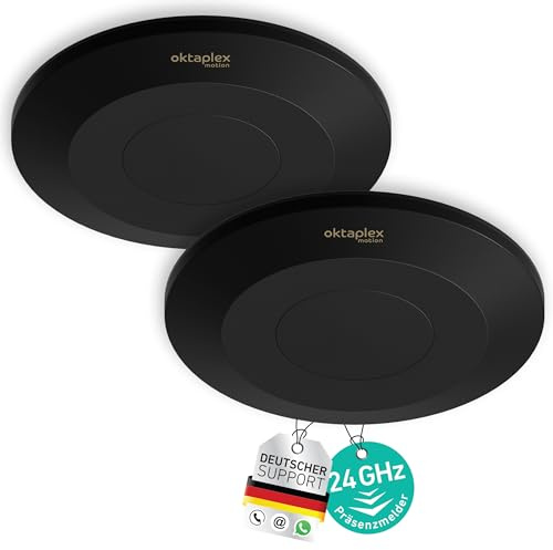 2er Set Oktaplex Isa 24 GHz Präsenzmelder Schwarz Decke | Ultraflach 22mm - 360 Grad Hochfrequenzsensor zur Anwesenheitserkennung HF Bewegungsmelder Decke
