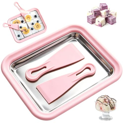 WFKKMEQ Ice Cream Roller Maker Pan, Ice Rolls Plate with 2 Spatulas Ice Cream Roll Maker DIY Ices Creams Roller Pan Yogurt Roll Machine Home Dessert Making Tools for Yogurt, Gelato (Pink)