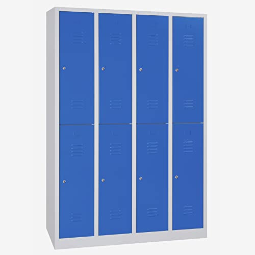 Schrank & Stuhl Spind – Metallspind mit 4 x 2 Abteilen in 195 x 117 x 50 cm, Schließfachschrank mit Zylinderschlössern, Lieferung komplett montiert, Grau/Blau
