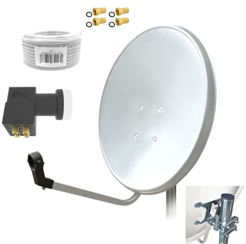 60cm HD Sat Anlage Quad LNB + 15m Koaxialkabel 135dB + 4 F-Stecker Digital 4 Teilnehmer Antenne Weiss UHD 4K