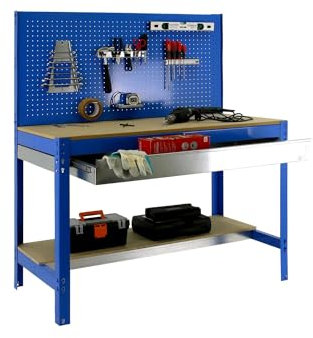 Simon Rack Banco de Trabajo Taller, Capacidad Carga 400 kg, 1445x910x610 mm, Mesa de Trabajo, 1 Cajón, Azul/Madera - BT2