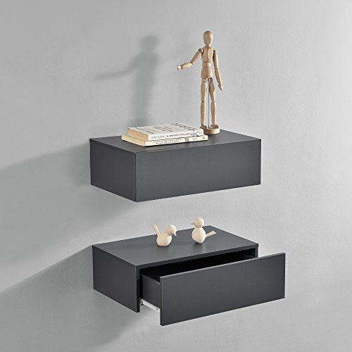 Set de 2 Mesitas de Noche de Pared con cajón - Gris Oscuro - 46x30x15cm