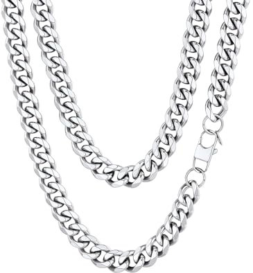 ChainsHouse Catena da uomo in acciaio inossidabile, collana grande a maglia cubana per bambino, ragazzo, gourmette massiccia girocollo punk [argento/nero/piatto oro-larghezza: 3/6/9/12 mm; lunghezza: