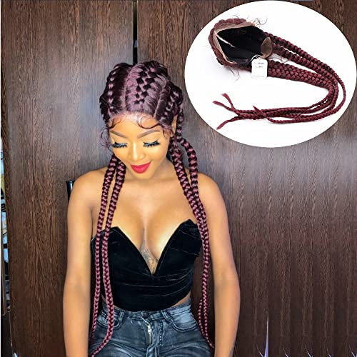 SereneWig weinrote Perücken 4 x geflochtene Zöpfe synthetische Lace-Front-Perücken mit Babyhaar Burgunderrot Box geflochten holländische Cornrow-Zöpfe Perücken für Frauen (1B/99J gemischt)