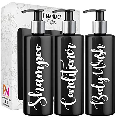 Print Maniacs 3 Set Mrs Hinch Inspired Black Personalised Dispenser Pump Bottles Shampoo Conditioner Body Wash (White)