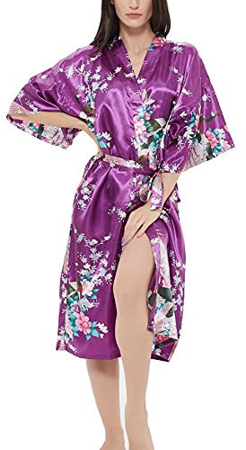 Robe kimono en satin pour femme - Imprimé rose - Paon - Pour demoiselle d'honneur - Vêtement de nuit, Paon Floral Violet, 3XL grande taille