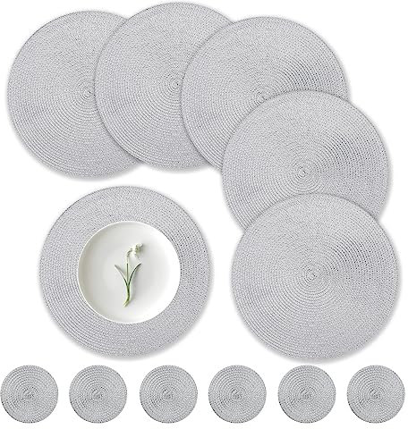 wiipara 12er Set Runde Tischsets Platzsets Abwaschbar, 34cm Gewebte Platzdeckchen Hitzebeständig mit Untersetzer, Tischset Platzset Grau Rund für Küche, Weihnachten, Party, Hochzeit (Grau)