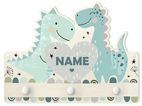 Kindergarderobe Holz mit Wunschtext - Dino Pastell mit Wunschname, Größe HxB: 30x40 cm