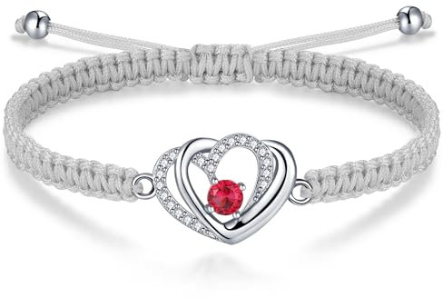 J.Endéar Doppelherz Armband Damen Silber 925, Schmuck Rot Zirkonia für Mädchen, Handgemachtes Kordelarmband Verstellbar Geschenk für Mutter Tochter, Grau