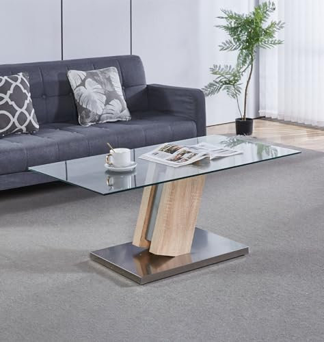 Hallowood Furniture Finley Glass Top Coffee Table, Modern Glass Coffee Table for Living Room with Metal and Wooden Frame, A Contemporary Centrepiece with Sleek Design for Hallway, Offices