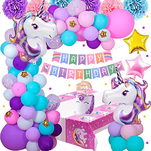 Einhorn Geburtstagsdeko Mädchen, Rosa Lila Blau Kindergeburtstag Set mit 3D Einhorn Folie Ballons Confetti Luftballons Tablecloth Pompoms Banner, Pastell Einhorn Geburtstags Deko