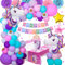 Einhorn Geburtstagsdeko Mädchen, Rosa Lila Blau Kindergeburtstag Set mit 3D Einhorn Folie Ballons Confetti Luftballons Tablecloth Pompoms Banner, Pastell Einhorn Geburtstags Deko