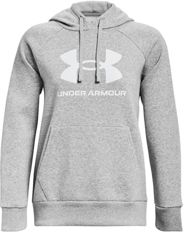 Under Armour UA Rival Fleece Big Logo Hoodie Sudadera para mujer de corte suelto, cómoda sudadera con capucha y logotipo, color gris claro jaspeado/blanco
