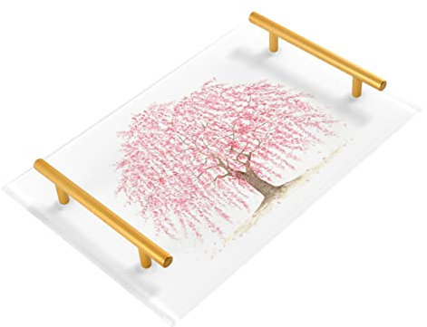 Dallonan Acryl-Badezimmer-Tablett, rechteckig, Aquarell, rosa Kirschbaum, dekorative Tabletts mit goldenen Griffen für Küche, Lebensmittel, Wohnzimmer, Kommode, Büro, Organizer (20 x 30 cm)