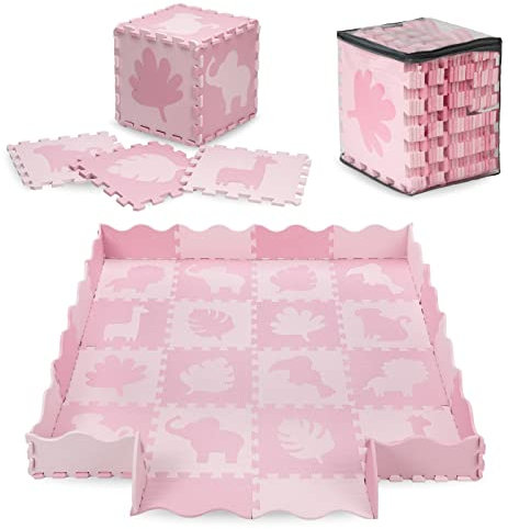 MoMi ZAWI Schaumstoff-Puzzle aus Eva-Schaumstoff, 16 Teile je 30 x 30 x 1 cm, ideal als Krabbelmatte (150x150 cm), Laufstall (120x 120x15 cm), Spielunterlage, Spielzeugaufbewahrung, rosa