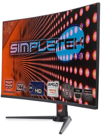 SIMPLETEK Curved Monitor 34, 2K, 144Hz, QHD 2560x1440, Freesync, Overboost | Black, Red LED on the Back