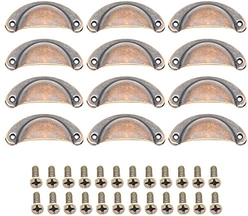 CEEYSEE 12Pcs Cup Handles for Drawers 81 X 35mm Shell Pull Handles Vintage Antique Drawer Semicircle Handle Furniture Door Knobs Handles with Screws (KLSHO/Red Copper)