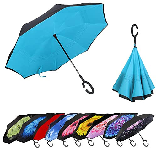 MRTLLOA Winddichter umgekehrter Regenschirm mit UV-Schutz, C-förmiger Griff, doppellagiger Stockschirm für Regen (Hellblau, 142,2 cm)
