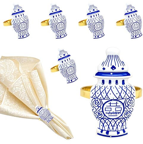 Davifina Porzellan-Serviettenringe, Set mit 6 Vintage-Serviettenringen für chinesischen japanischen asiatischen Stil, Bankett-Dekoration, imitativer Keramik-Serviettenhalter für Hochzeit, Geburtstag