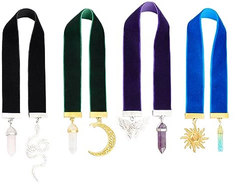 FINGERINSPIRE 4 Farben Samtband Lesezeichen 32~36 cm Vintage Lesezeichen Aus Metall Mit Anhänger Aus Quarzkristall/Amethyst/Schmetterling/Mond/Sonne Samt Lesezeichen Für Schüler Lehrer Buchliebhaber