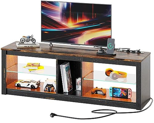 Bestier Mobile Porta TV 140 cm Mobile TV Moderno con Ripiano in Vetro Illuminato a LED RGB (GBLK, 140cm+Socket)