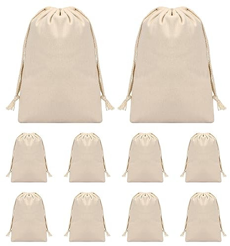 Daelesr 10 Pcs Réutilisable Sac Tissu Cordon avec Cordon, Pochettes Lin en Coton, Sacs en Toile de Serrage, Pochon Mousseline pour Peindre Anniversaire, Fête de Mariage, Stockage des Aliments
