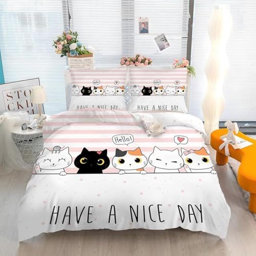 Linfye Housse de Couette 200x200 Adulte Chat Rose Parure de Lit 2 Personnes