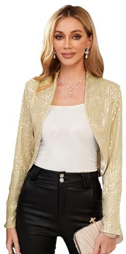 Belle Poque Damen Paillettenjacke Langärmelig Vorne Offen Party Cropped Cardigan zuckt mit den Schultern