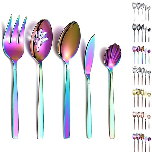 Evanda 5 Stück Regenbogen Besteck, Regenbogen Titan Beschichtung Edelstahl Besteck, Servierlöffel, Schaumlöffel, Serviergabel, Zuckerlöffel, Butterstreuer, spülmaschinenfest