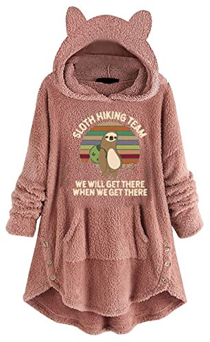 hhsbeauty Damen Soft Top Bedrucktes Hemd Langarm Pullover Hoodie Fleece Niedlich Bedruckte Lose Mode Tops Mit Tasche Kordel Schlitten (Pink, XXL)