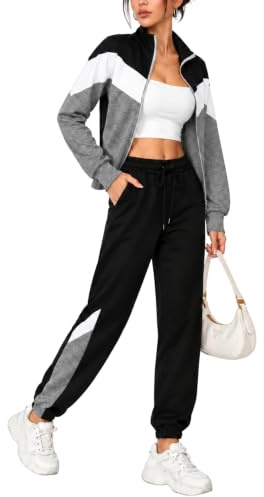 Marvmys Streatwear Trainingsanzüge Damen Sportanzüge Jogginganzug Zweiteiler Farbkontrast Langarm Reißverschluss Outfit Sport Bekleidungsset