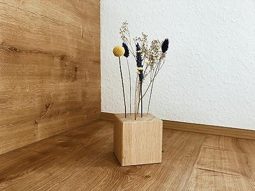 Flowerbar Cube | Massiver Holzblock mit getrockneten Blumen | Dekoelement, Unikat, Dekoration, Trockenblumen & edle Eiche (Schwedenglück)