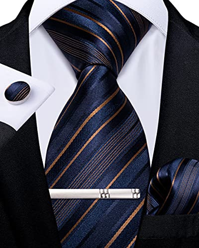 DiBanGu Blau und Gold Krawatte für Herren Seiden Gestreift Krawatte und Einstecktuch Krawattenklammer mit Manschettenknöpfen für Hochzeit Geschäftsfeier